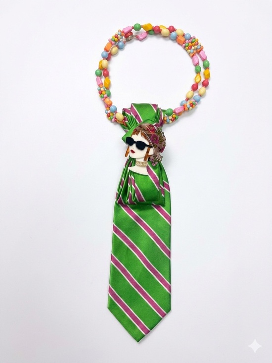 Arrow Jewelry - Handmade-Green/Pink Striped Tie Necklace- Vintage